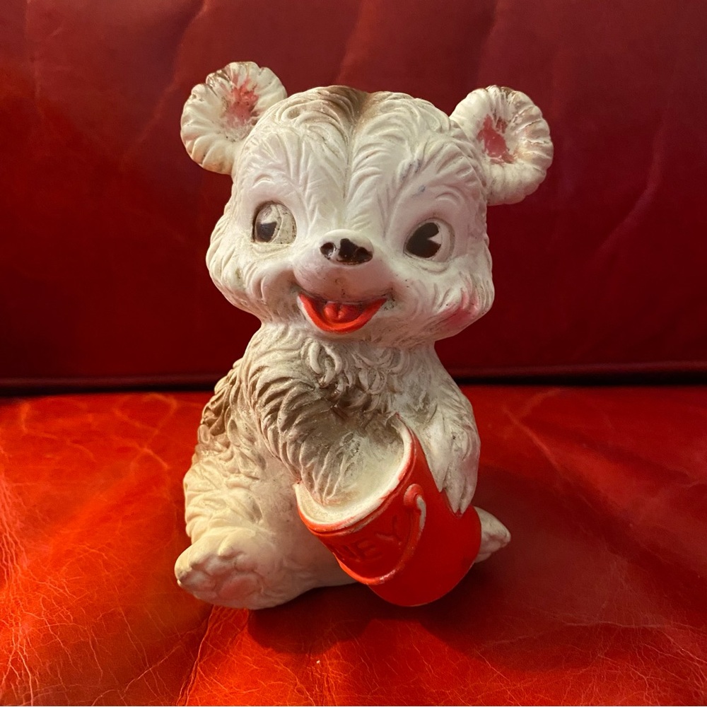 Vintage Edward Mobley Hard Rubber Squeak Toy Bear w/ Honey Jar 5” Kitschy Retro